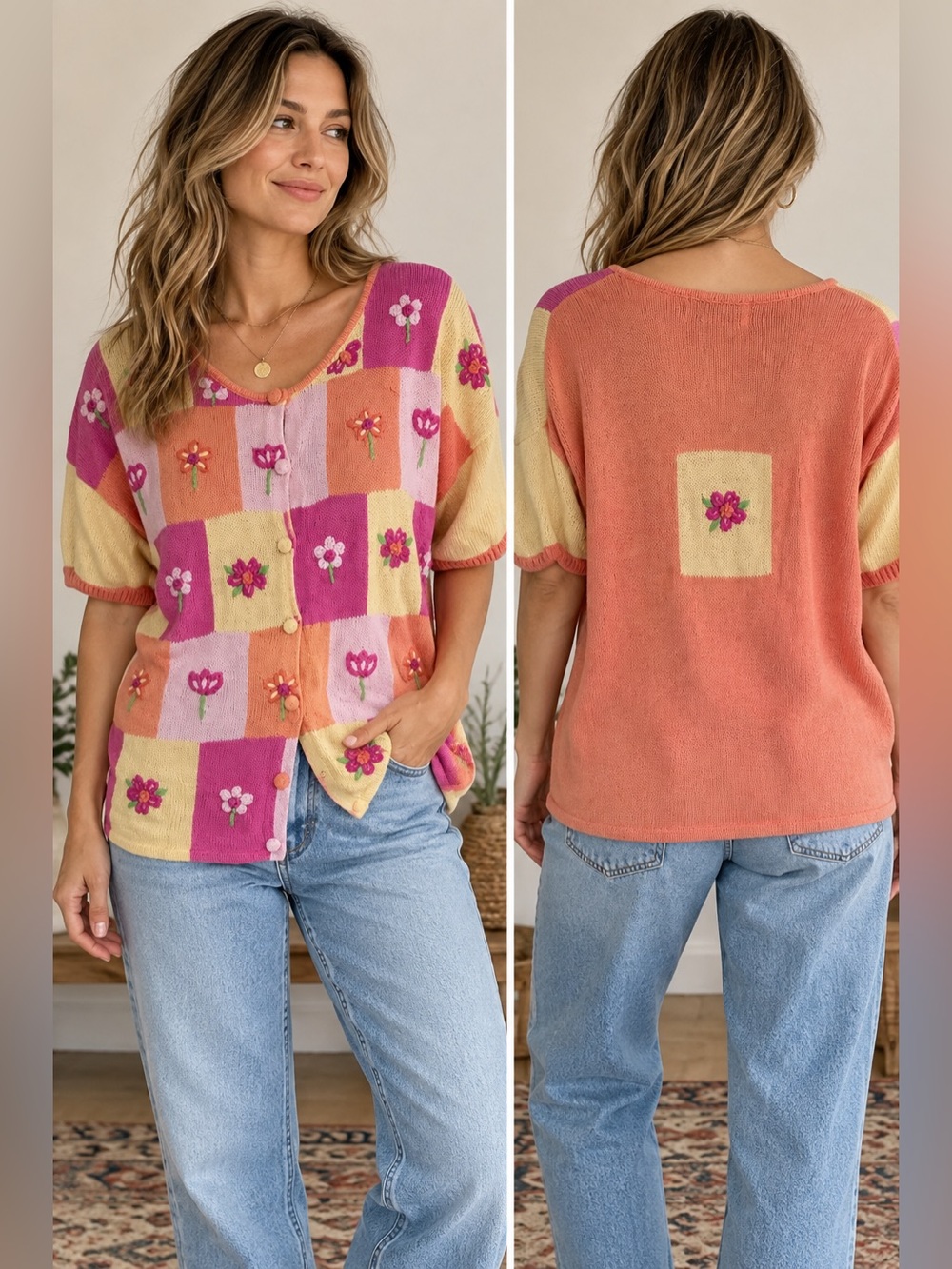 Mandal Bay short-sleeve cardigan playful floral color-block checkered XL